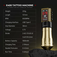 CNC E400 7 Stroke Adjustable Wireless Tattoo Machine & 2*1800mAh Battery