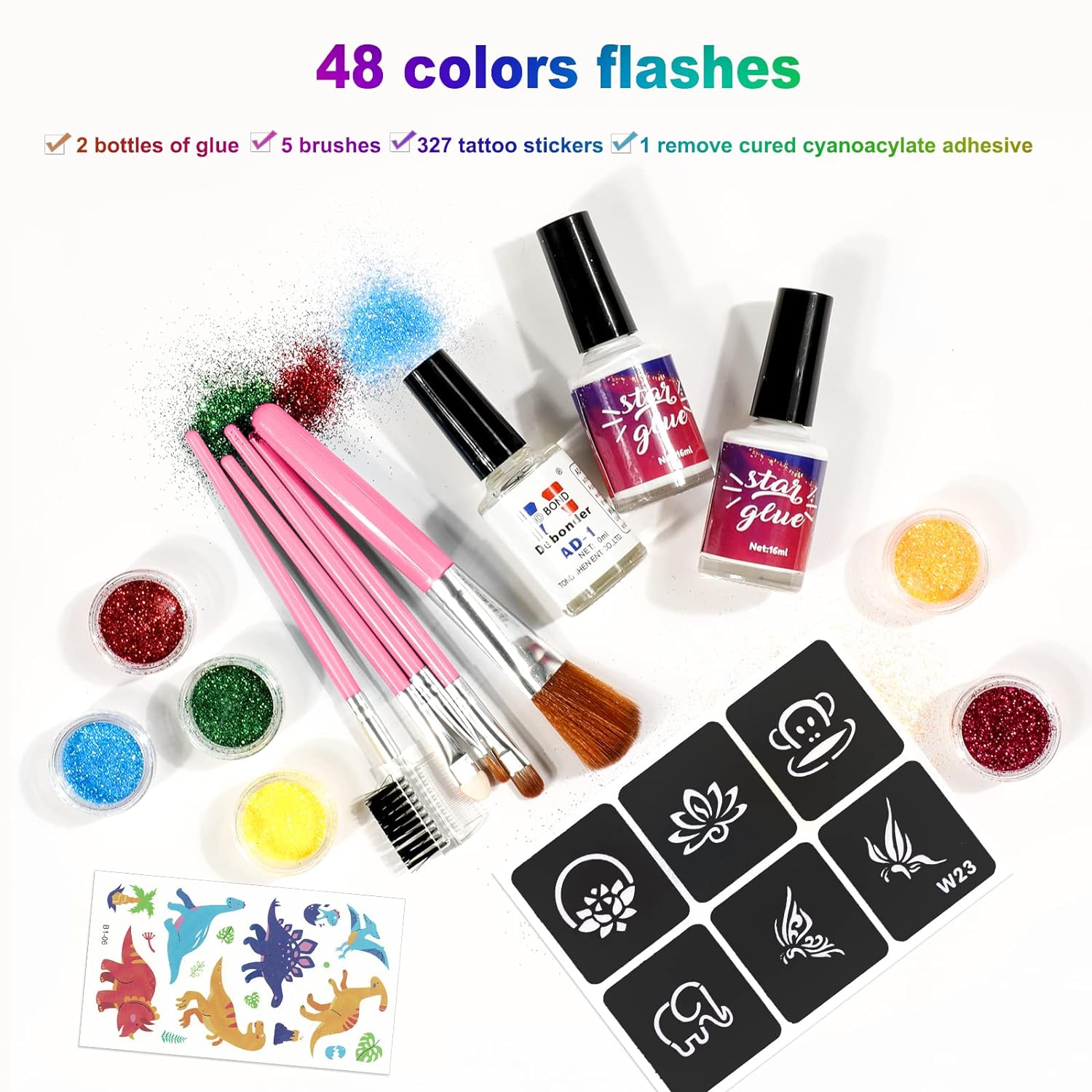 Glitter Tattoo for Kids with 48 Colors & 318pcs Glitter Tattoo Stencils