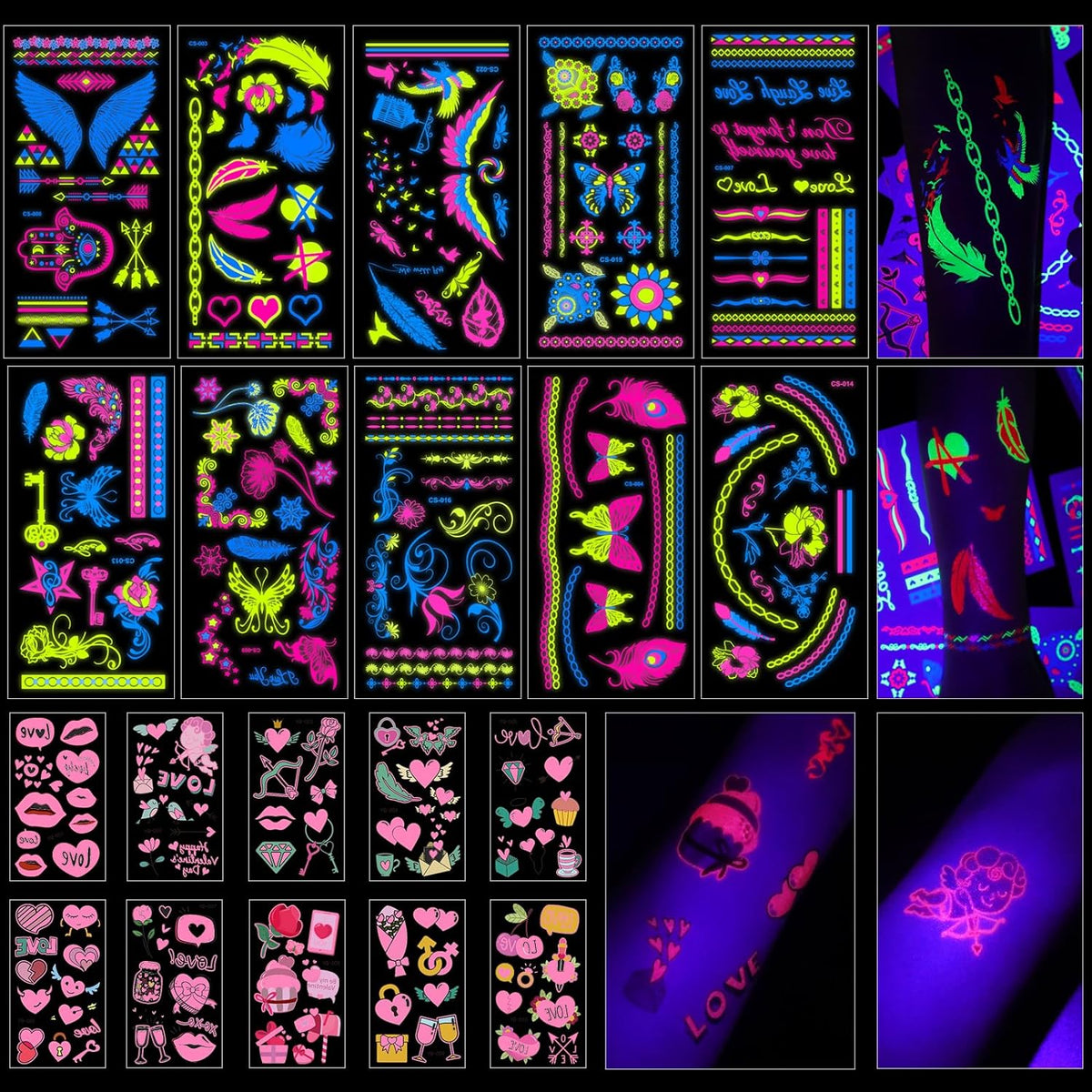 PFARRER 20 Sheet Glow in The Dark Neon Temporary Tattoos/Tattoo Stencils