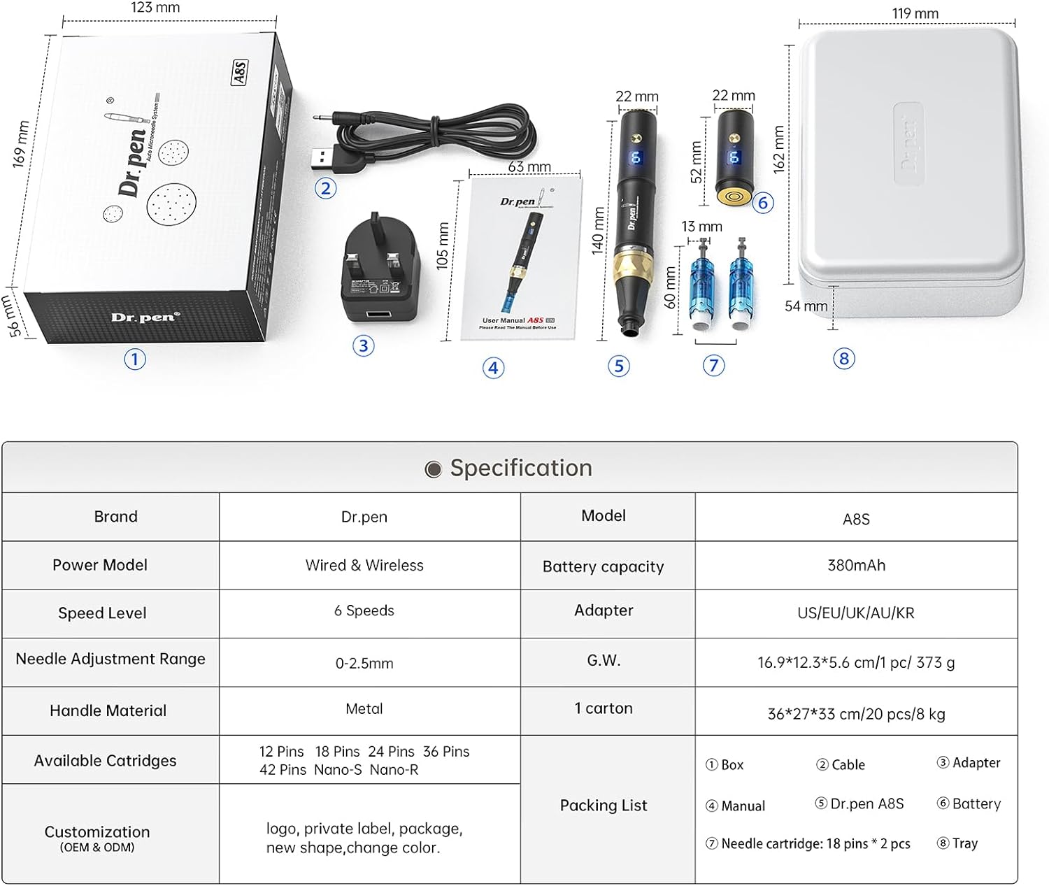 Dr.Pen A8S Professional Beauty Pen with 2 Replacement Cartridges