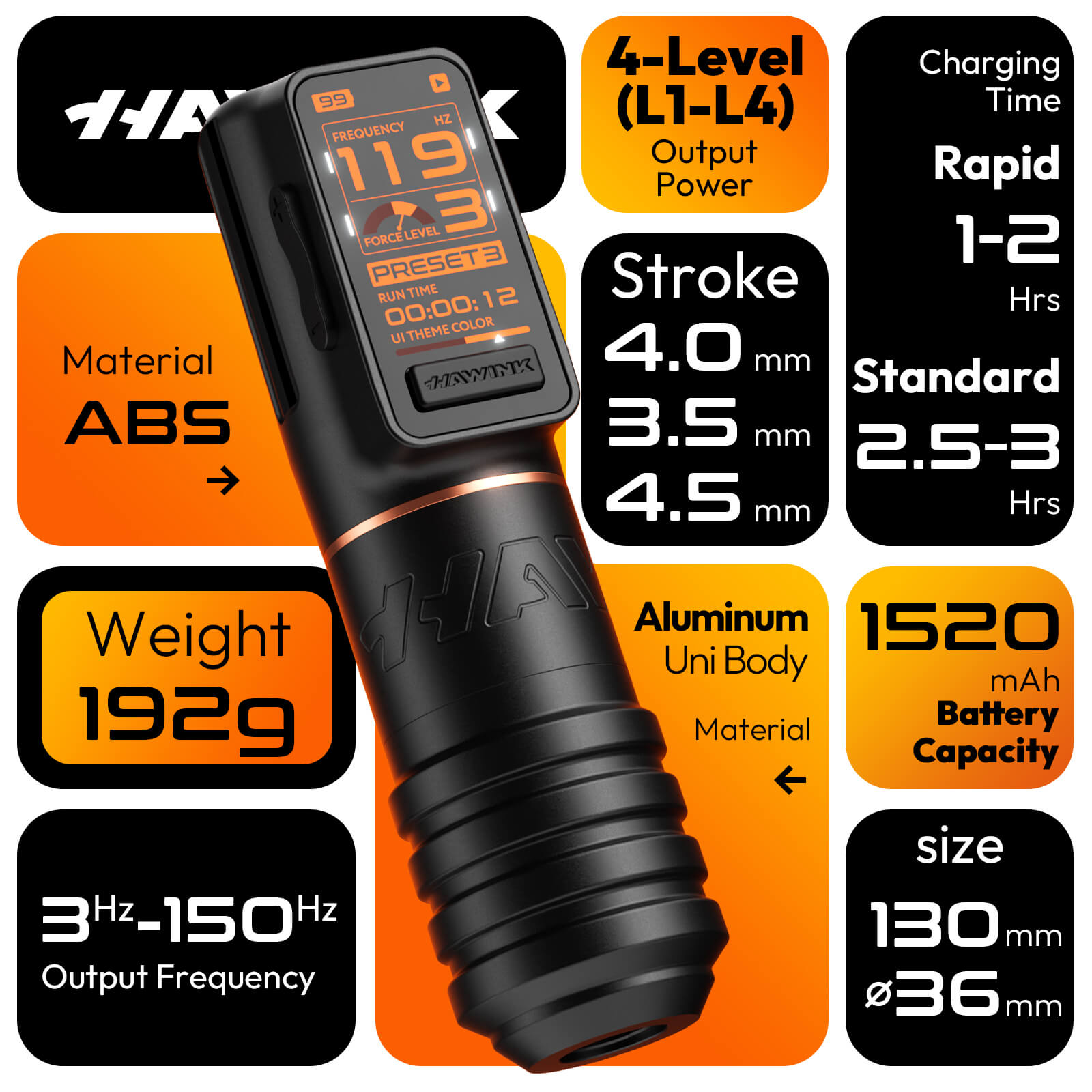 H1 Wireless Tattoo Pen Machine - Adjustable Stroke (3.5/4.0/4.5mm), Smart Color Screen, 1520mAh Battery Rotary Tattoo Machine