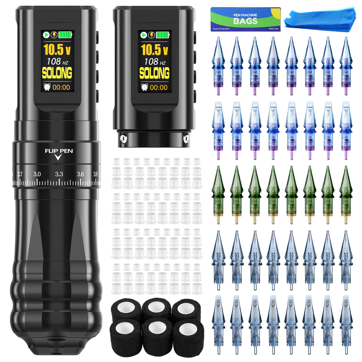 SOLONG Tattoo Machine Kit E96 7 Stroke Adjustable Wireless Tattoo Machine with 2 Batteries & 40PCS Cartridges