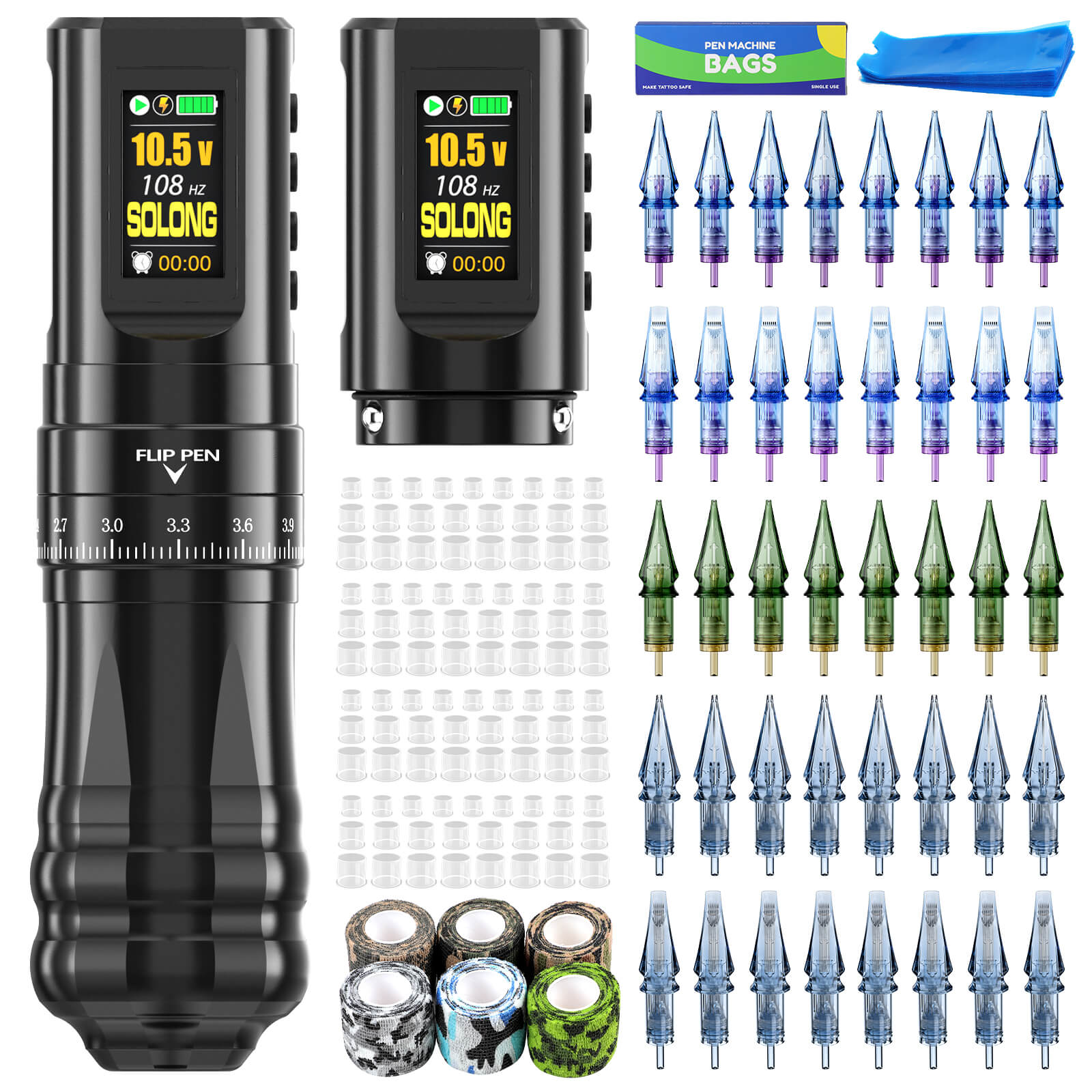 SOLONG Tattoo Machine Kit E96 7 Stroke Adjustable Wireless Tattoo Machine with 2 Batteries & 40PCS Cartridges