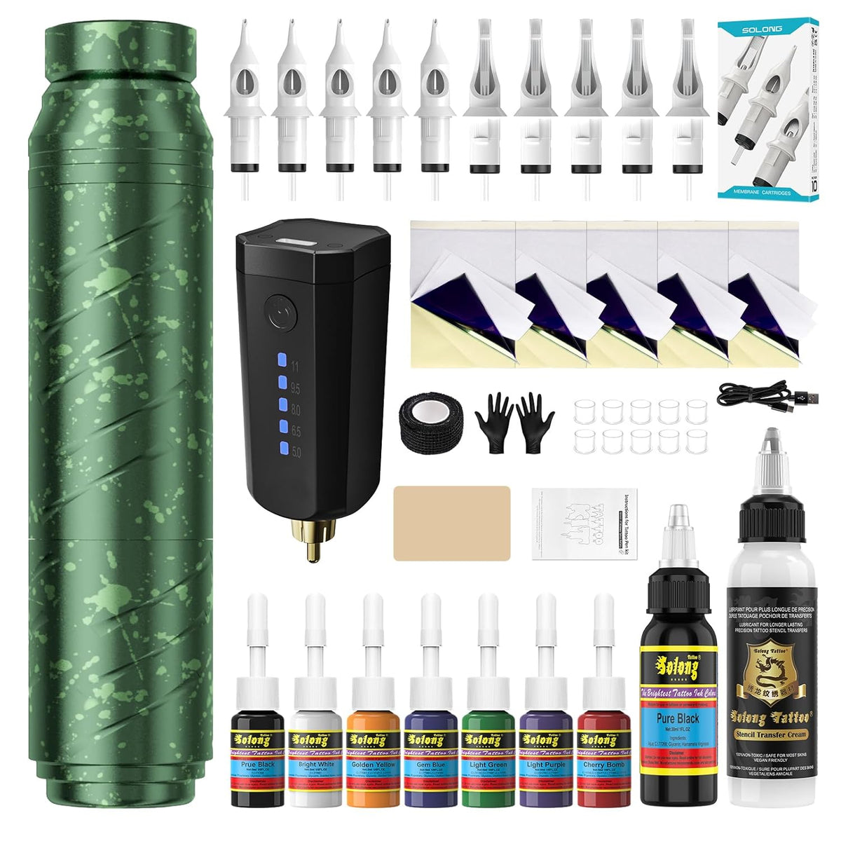 Tattoo Kit - 1600mAh Tattoo Machine Pen with 10 Cartridge Needles, Transfer Paper, and 60ml Transfer Gel for Beginners EF-TK-P753KITB-10