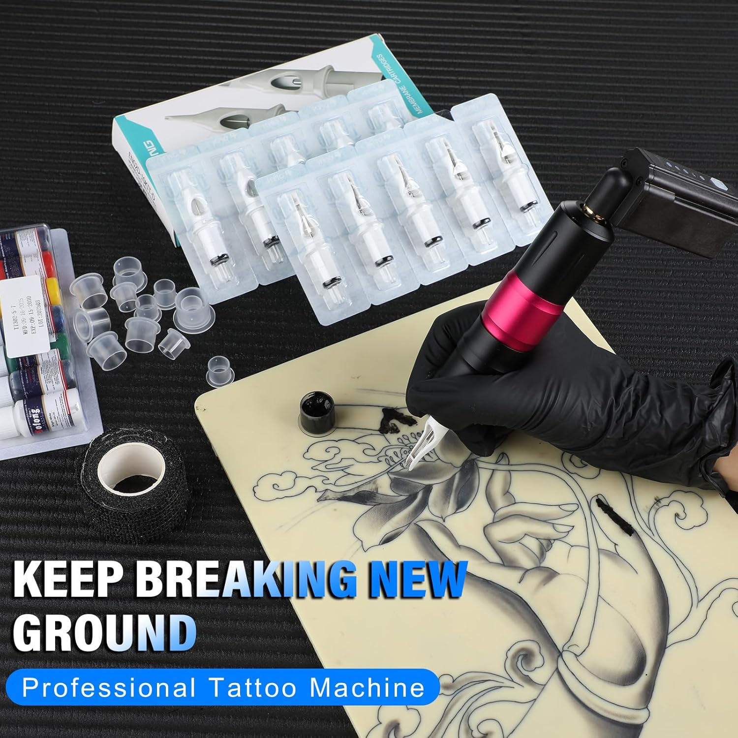 Professional Tattoo Kit - 1600mAh Wireless Pen Machine, 10 Cartridge Needles & Transfer Paper - Complete Starter Set for Beginners - EF-TKP752B-2
