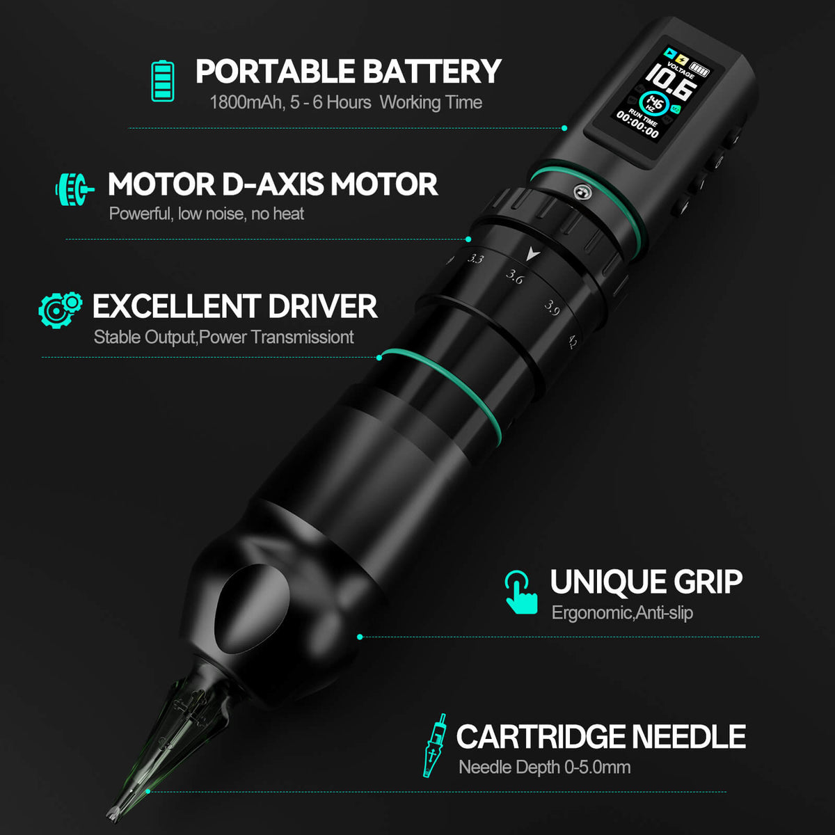 Solong E201 Wireless Tattoo Pen with 7 Stroke Lengths & Dual 1800mAh Batteries – 14H Runtime, High Torque Motor