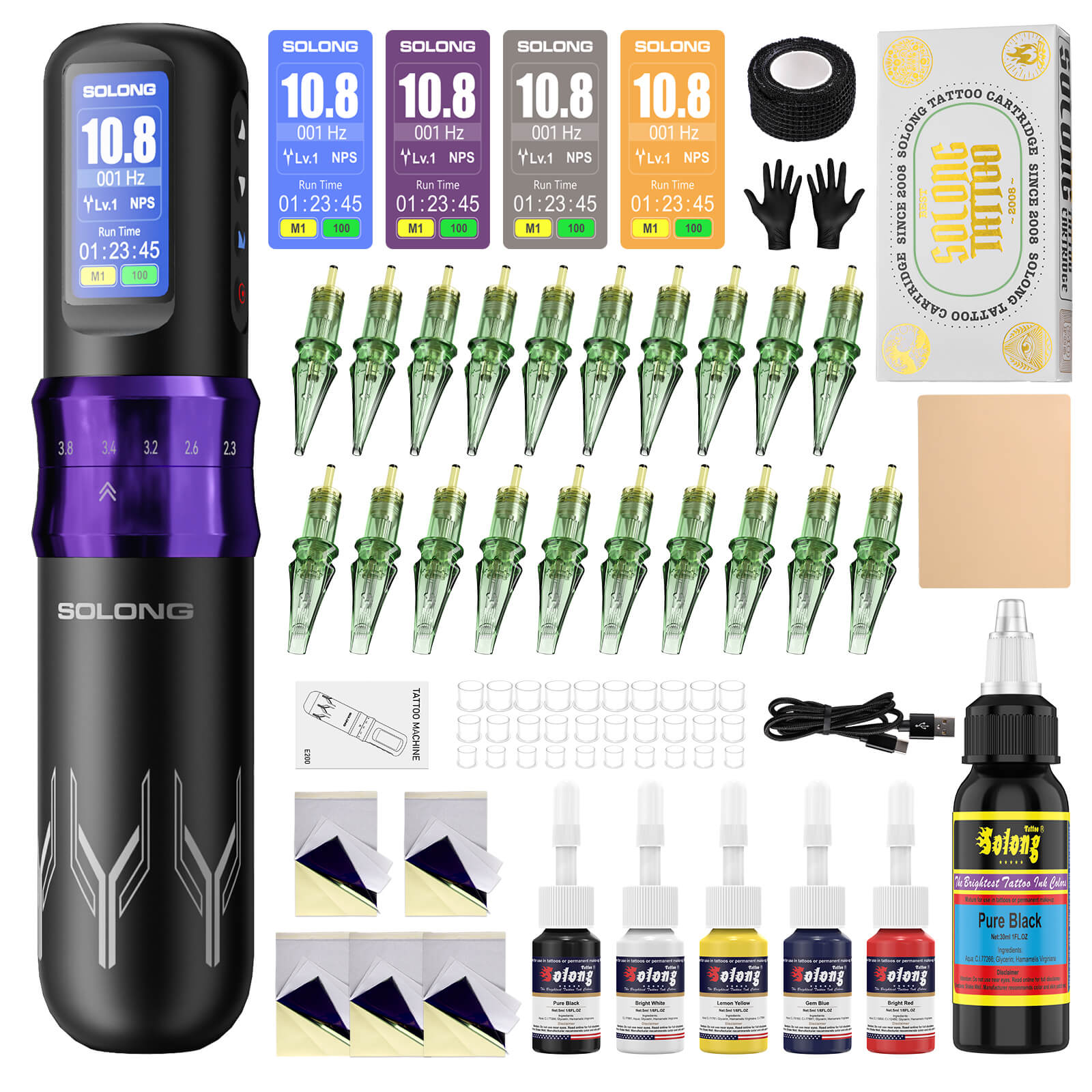 Solong SL-TKE200A-1 Wireless Tattoo Gun Kit – 7 Adjustable Stroke Lengths, 1600mAh Battery, Cartridge Needles, Color Inks & Custom Wallpaper for Beginners & Pros
