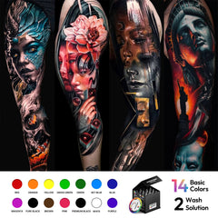 HAWINK TI205 16-Color Tattoo Ink Set – 14 Vibrant Colors + 2 Mixing Solutions with Color Wheel Guide for Professional Tattoo Artists
