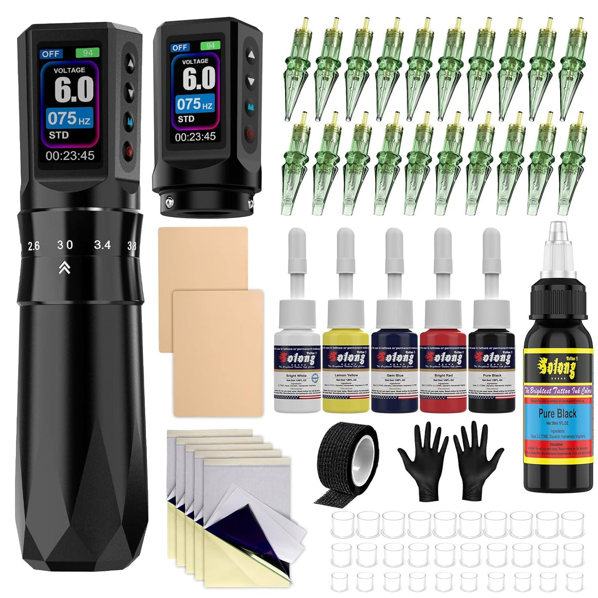 Tattoo Gun Kit Tattoo Machine 7 Strokes Length Kit with 2 * 1600mAh Batteries，20PCS Pro Tattoo Cartridge Needles, Complete Tattoo Set Black EF-TKE751A-1