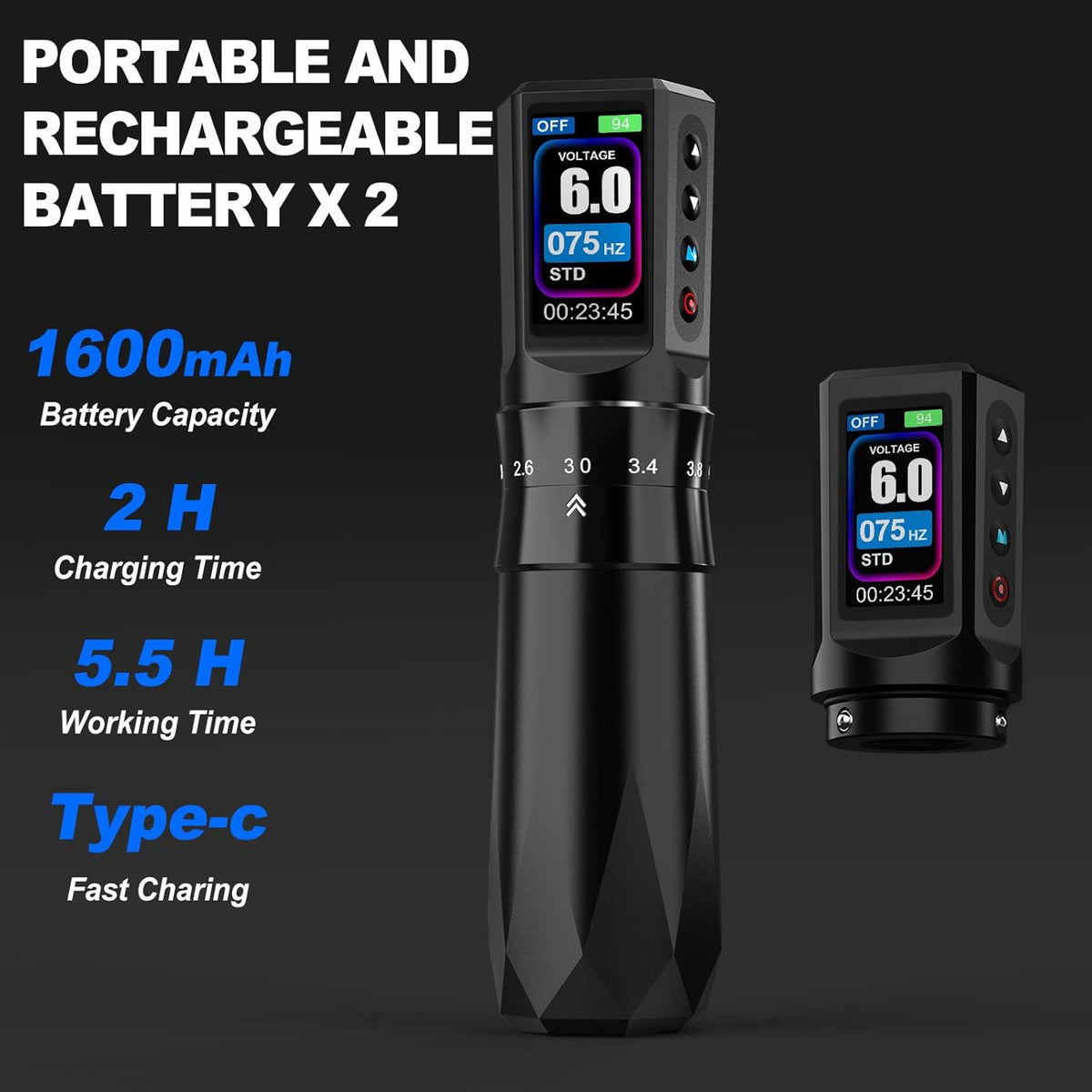 E751 Wireless Tattoo Pen with 7 Stroke Lengths & Dual 1600mAh Batteries – Long Runtime & Precision Control