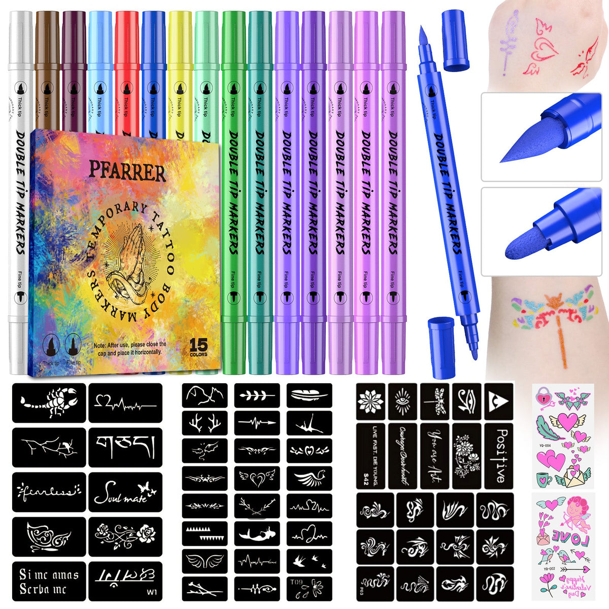 PFARRER Temporary Tattoo Markers 15 Body Markers & 56 Large Tattoo Stencils & 2 sheets Glow Stickers