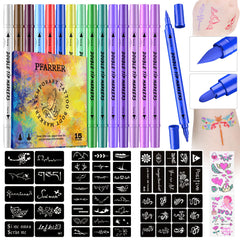 PFARRER Temporary Tattoo Markers 15 Body Markers & 56 Large Tattoo Stencils & 2 sheets Glow Stickers