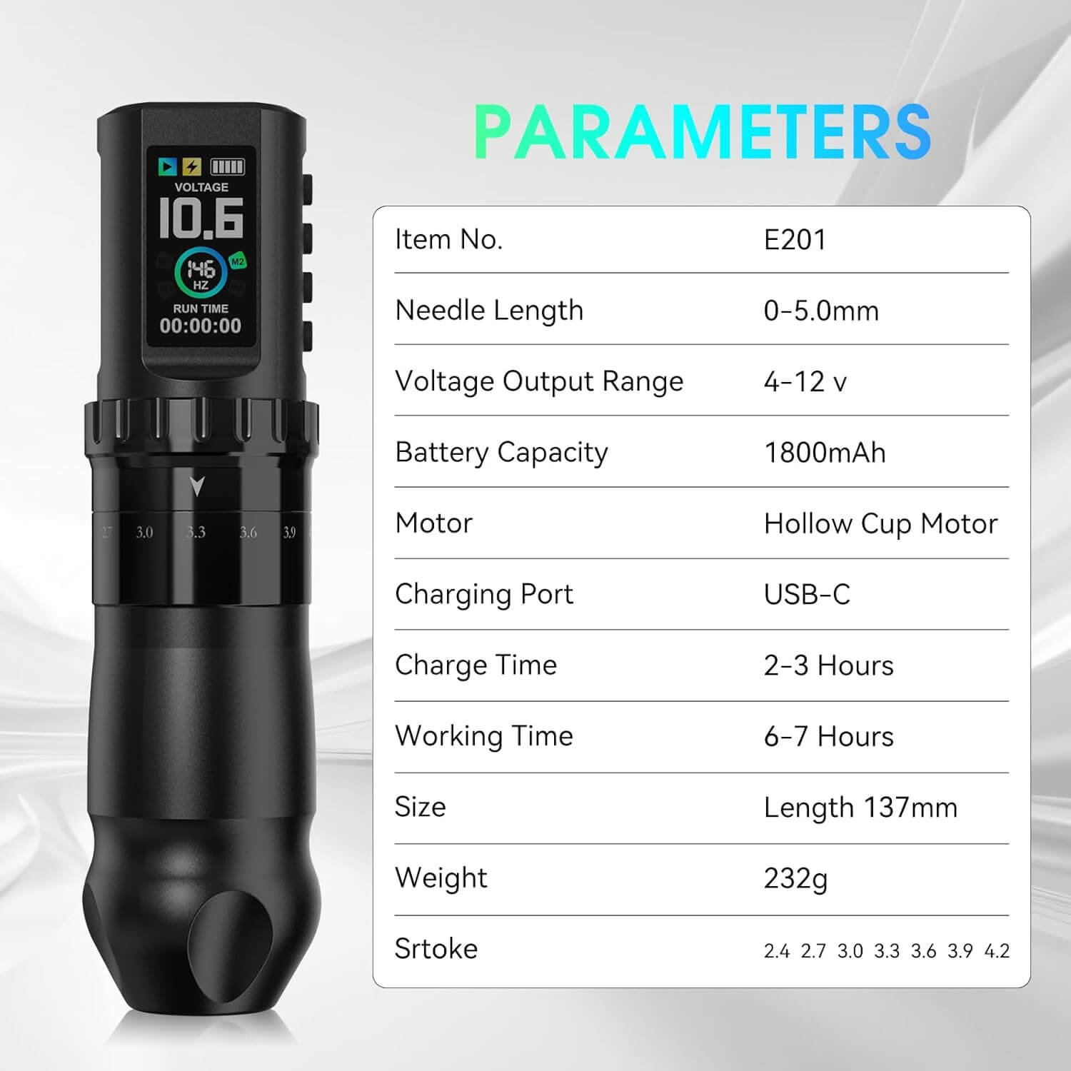 Solong E201 Wireless Tattoo Pen with 7 Stroke Lengths & Dual 1800mAh Batteries – 14H Runtime, High Torque Motor