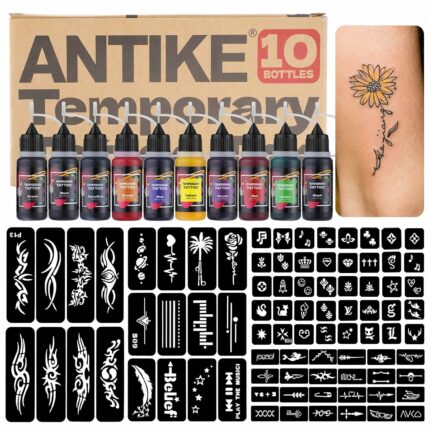 ANTIKE Kit de tatuaje temporal 10 tintas 80 plantillas para bricolaje arte pintura regalos de fiesta