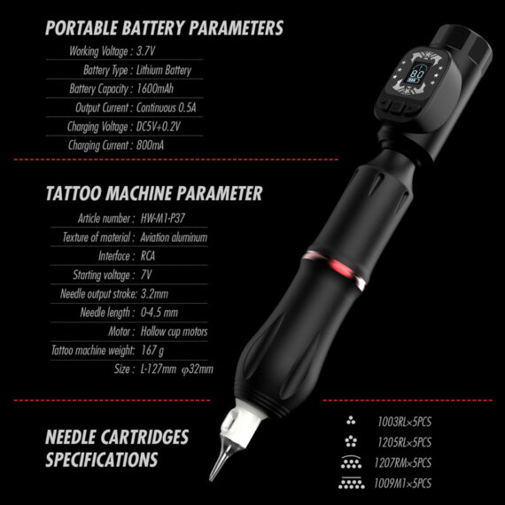 Bezprzewodowy zestaw do tatuażu Hawink HWP37KIT z cyfrowym wyświetlaczem i podwójnymi bateriami