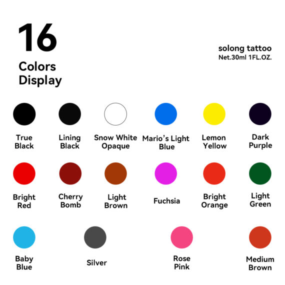 16 Color Set, 1oz - Solong Premium Tattoo Ink TI302S-30-16