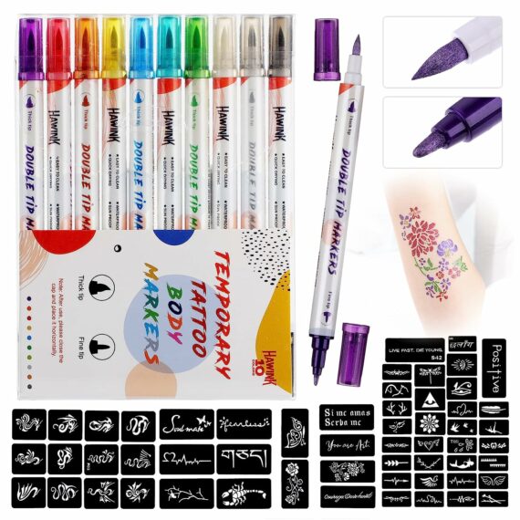 HAWINK Glitter Temporary Tattoo Markers for Skin 10 Body Markers + 56 Stencils